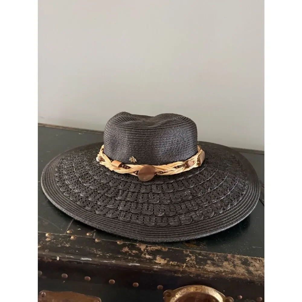 Cappella Straw World Sun Hat Womens One Size Black Wide Brim Paper Straw Beach